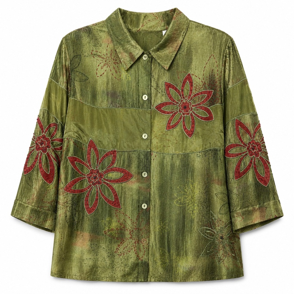 Vintage 100% Silk Artsy Embroidered Floral Top Women Size 10 Dark Romantic Indie